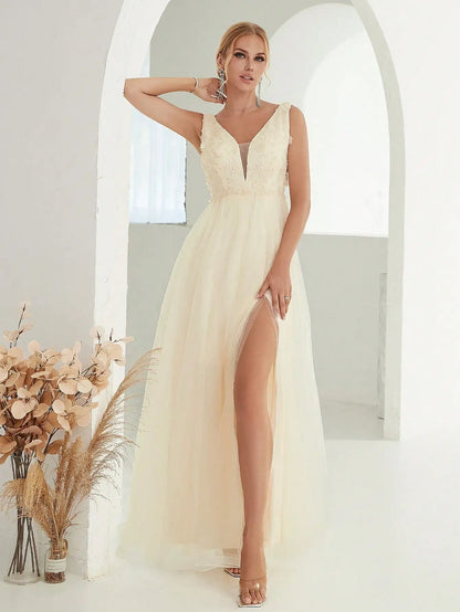 Sequin Embroidered Mesh Slit Maxi Dress - Lavender