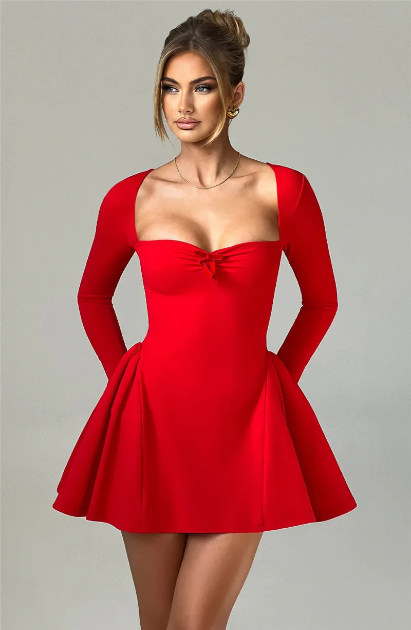 Square Collar Long Sleeve Mini Dress - Red