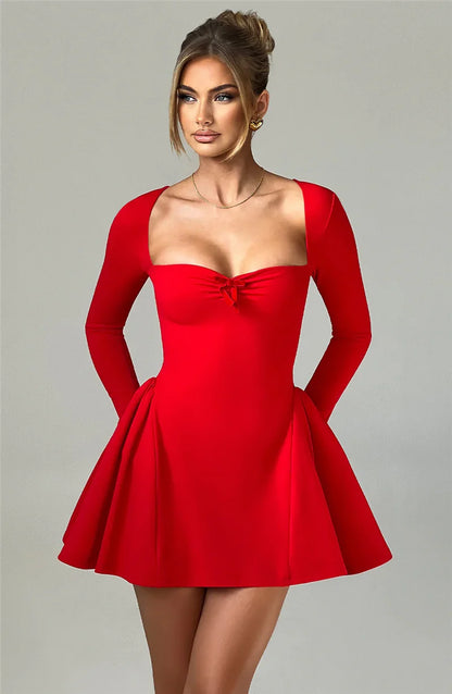 Square Collar Long Sleeve Mini Dress - Red