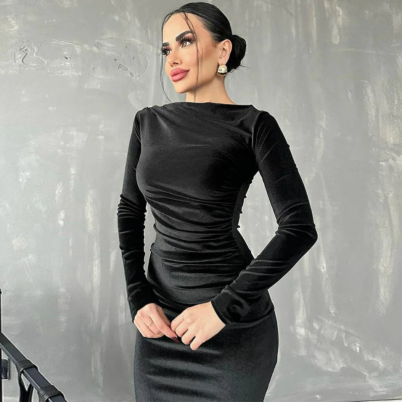 Velvet Long Sleeve Midi Dress - Black