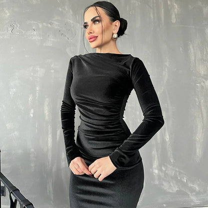 Velvet Long Sleeve Midi Dress - Black