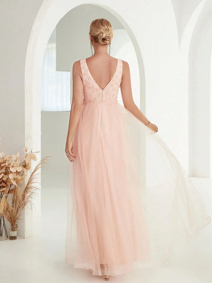 Sequin Embroidered Mesh Slit Maxi Dress - Yellow