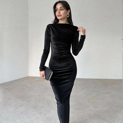 Velvet Long Sleeve Midi Dress - Black