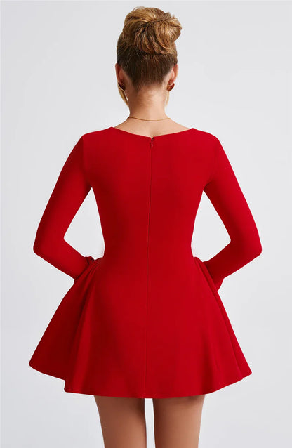 Square Collar Long Sleeve Mini Dress - Red