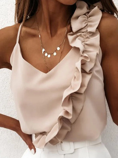 Sleeveless Ruffle V-Neck Blouse - Beige