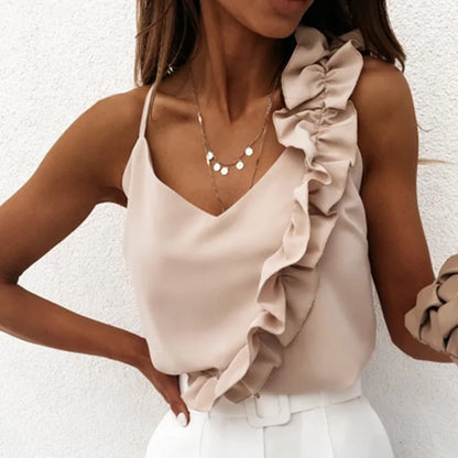 Sleeveless Ruffle V-Neck Blouse - Beige