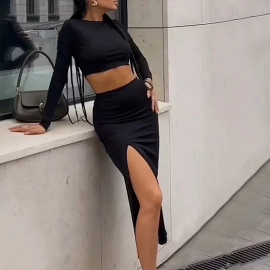 Black T-Shirt & Split Skirt Set