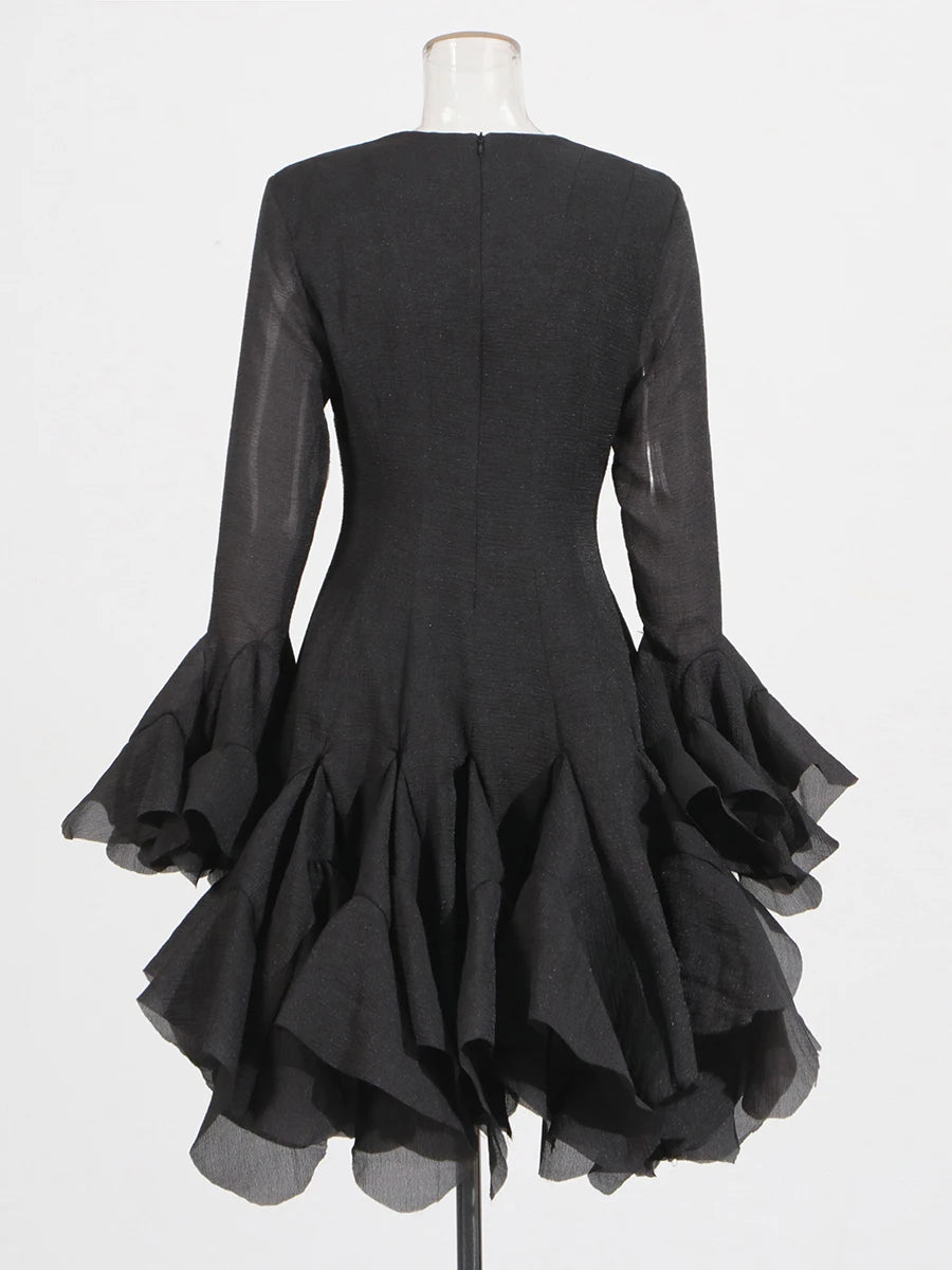 Elegant Pleated Patchwork Mini Dress - Black