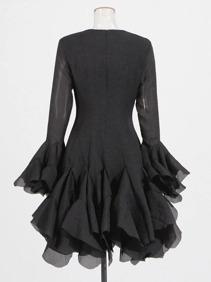 Elegant Pleated Patchwork Mini Dress - Black