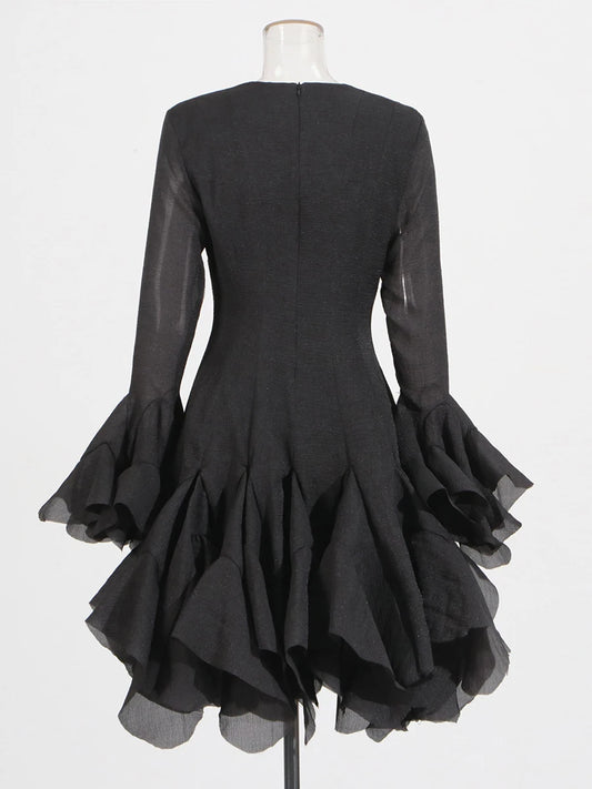 Elegant Pleated Patchwork Mini Dress - Black