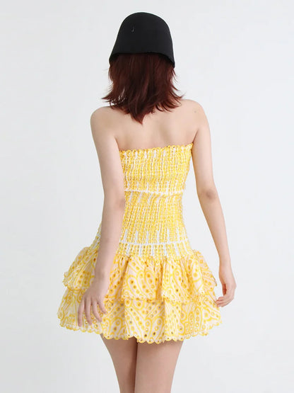 Strapless Layered Hem Mini Dress - Yellow