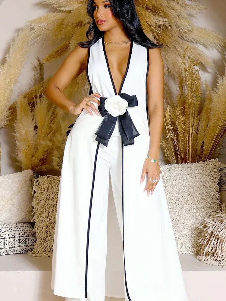 Bow Tie Appliques V-Neck Matching Set - White