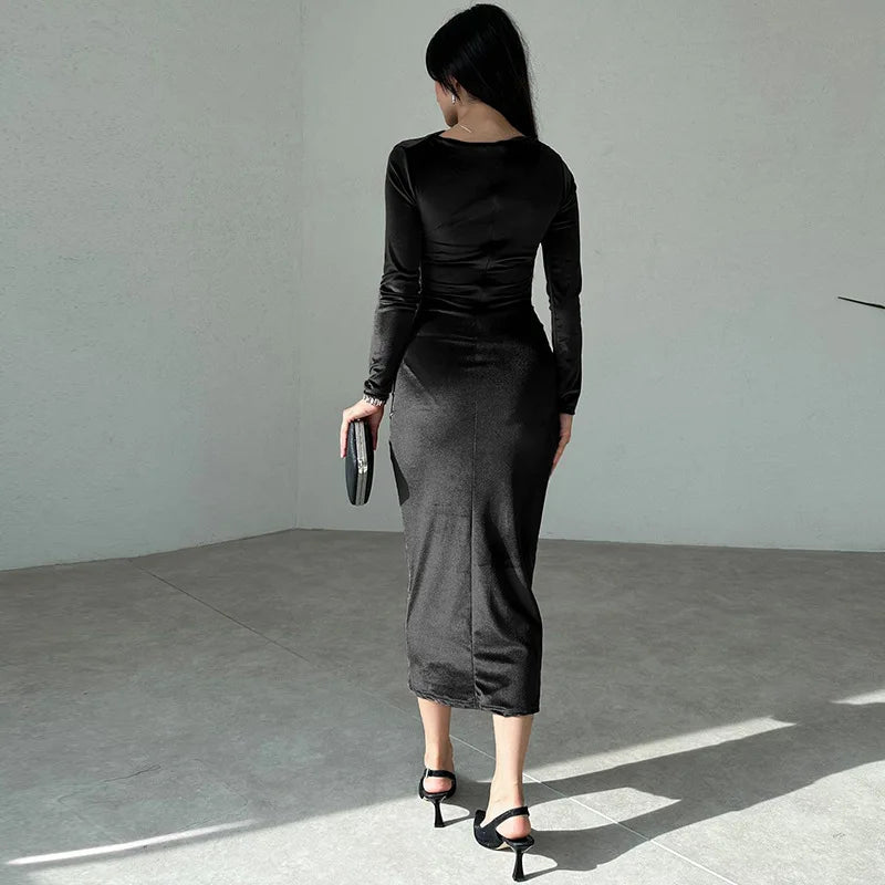 Velvet Long Sleeve Midi Dress - Black