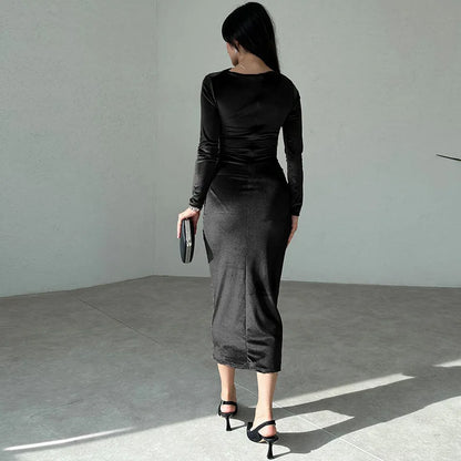 Velvet Long Sleeve Midi Dress - Black